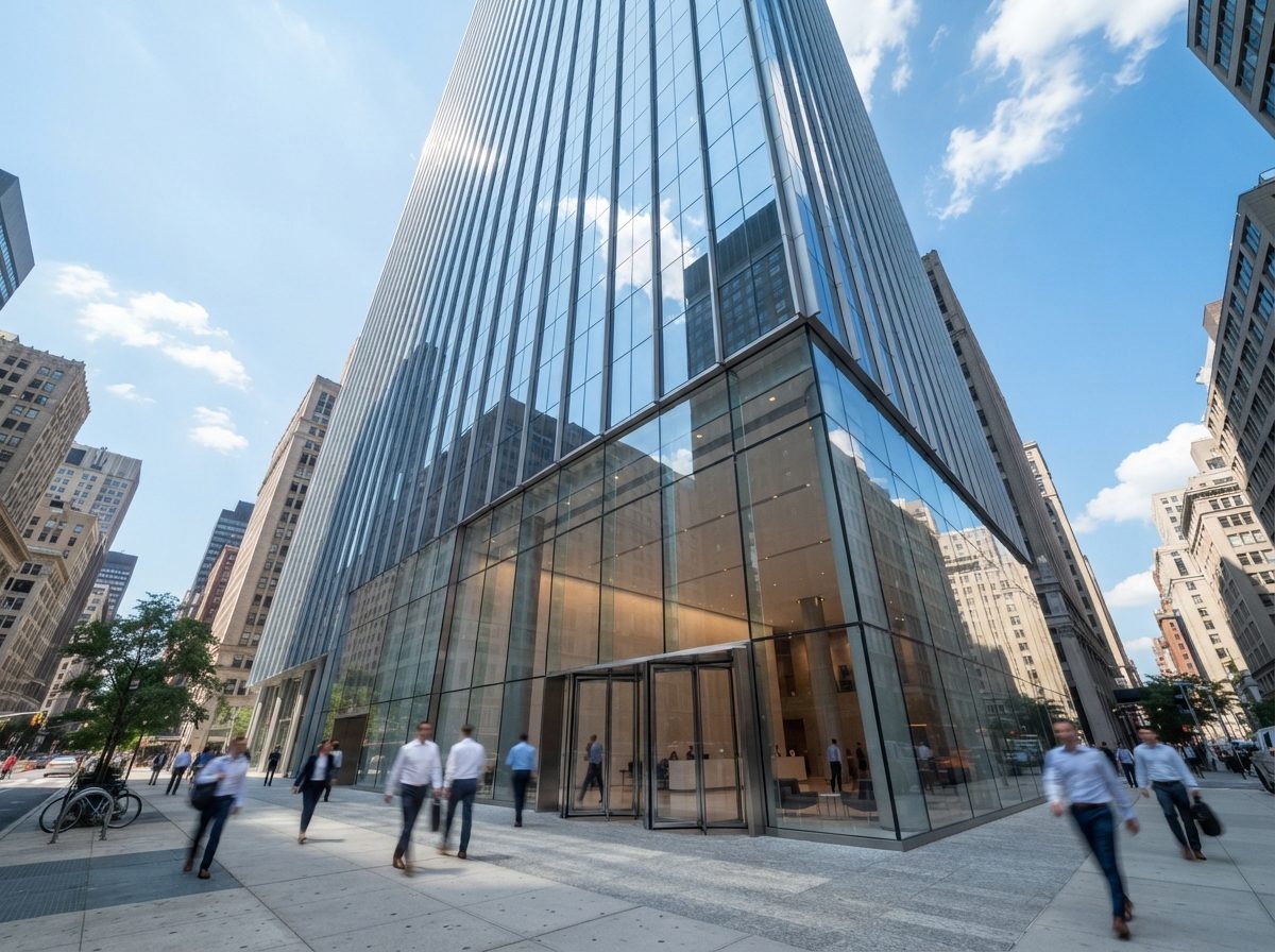 Sunlit corporate office tower representing a major American financial services headquarters.
