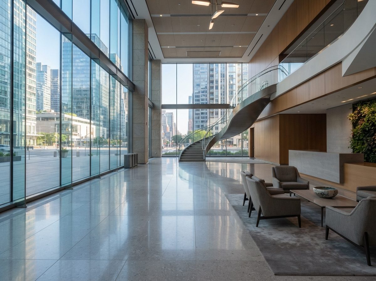 Sunlit financial district office lobby with polished stone floors and large windows.
