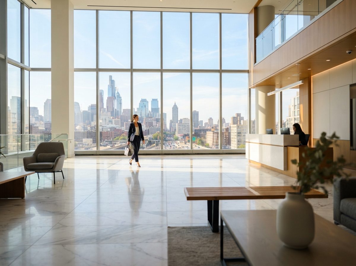 Bright modern office lobby with marble floors representing the American financial services industry