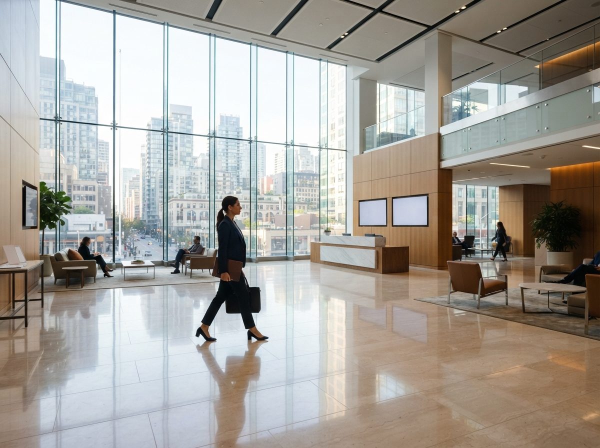 Bright modern office lobby representing an American financial services company headquarters.
