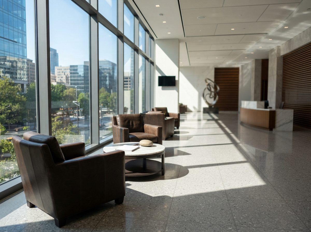 Bright modern financial services office lobby with leather armchairs and glass windows.