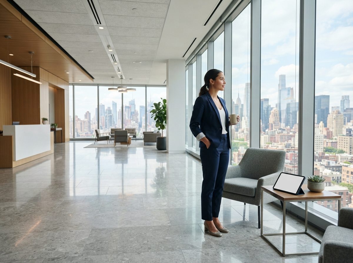 Bright modern office lobby with a city skyline visible through large windows.