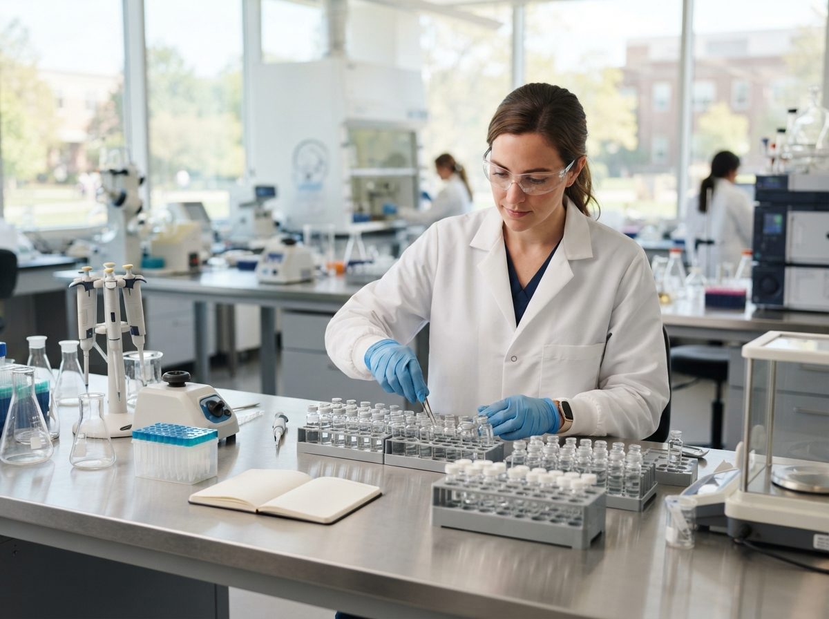 Scientist in a lab coat examining vials of liquid in a bright pharmaceutical research laboratory