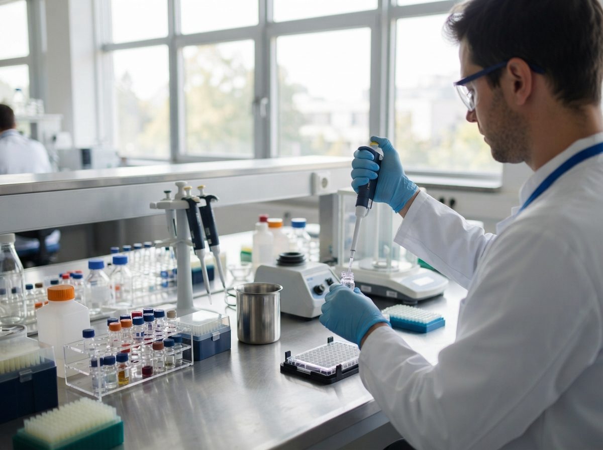 Bright pharmaceutical laboratory bench with glass vials and equipment under natural light.
