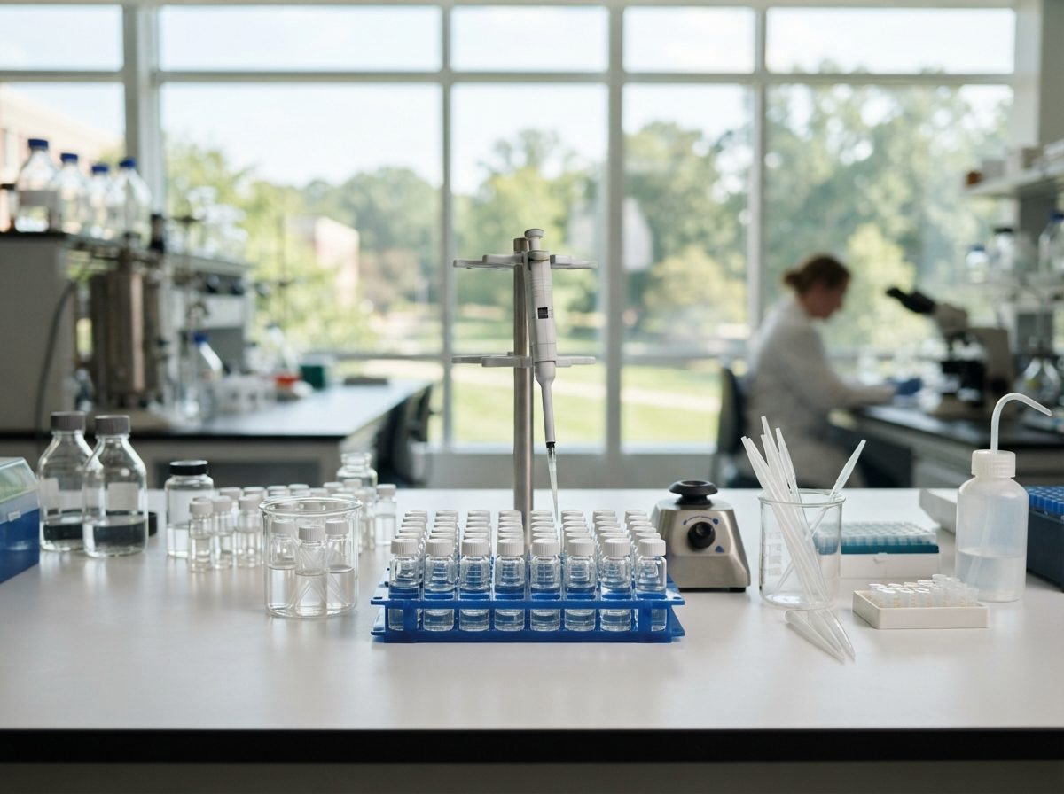 Glass vials and laboratory equipment on a bright pharmaceutical research bench.