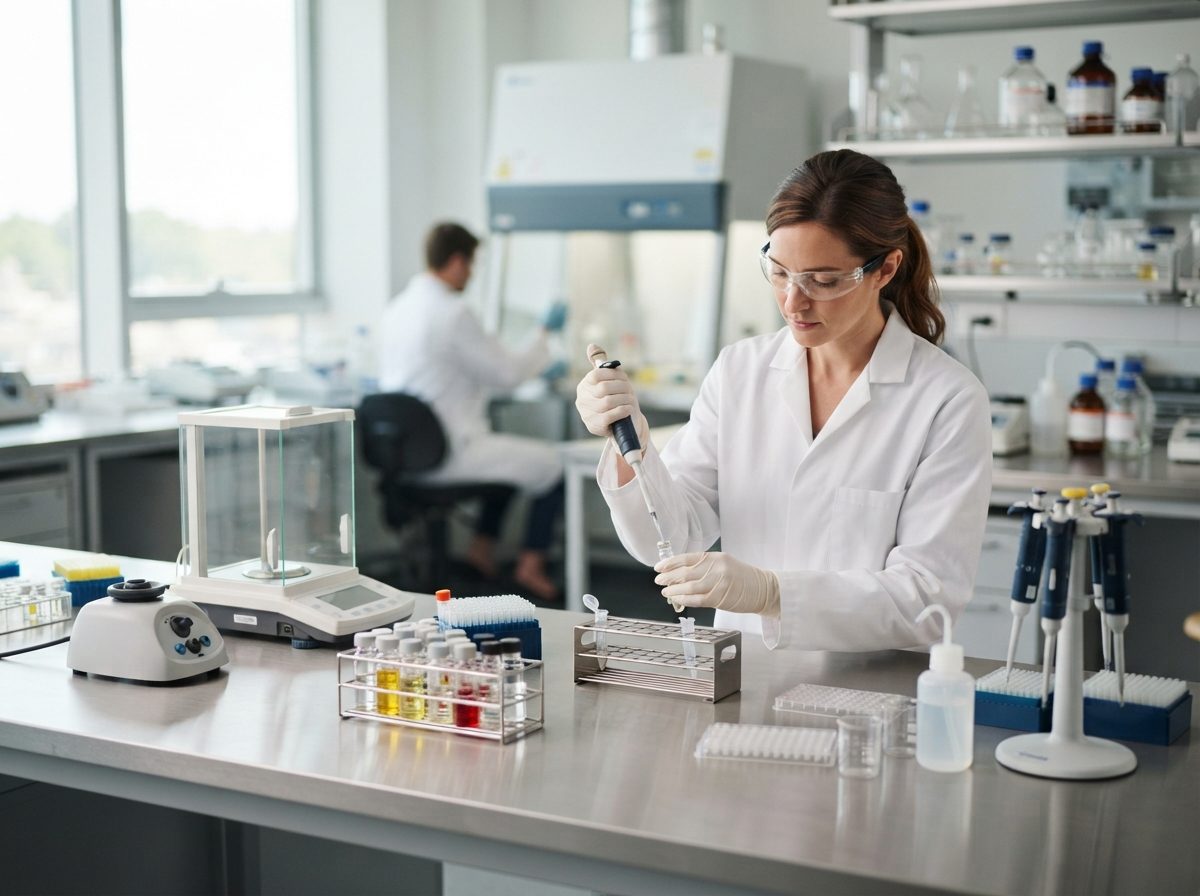 A bright pharmaceutical laboratory bench with glass vials and precision scientific instruments.
