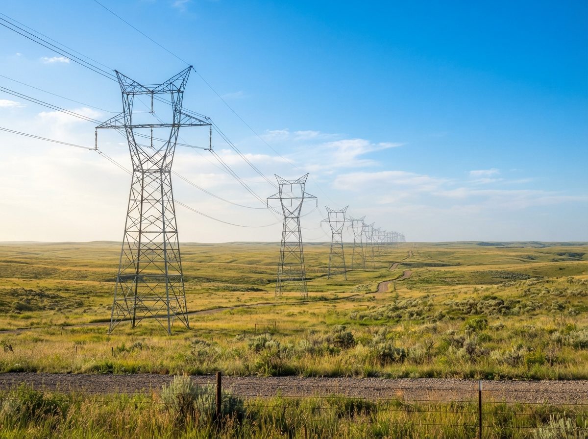 Electrical transmission towers crossing an open American prairie under a bright sky.