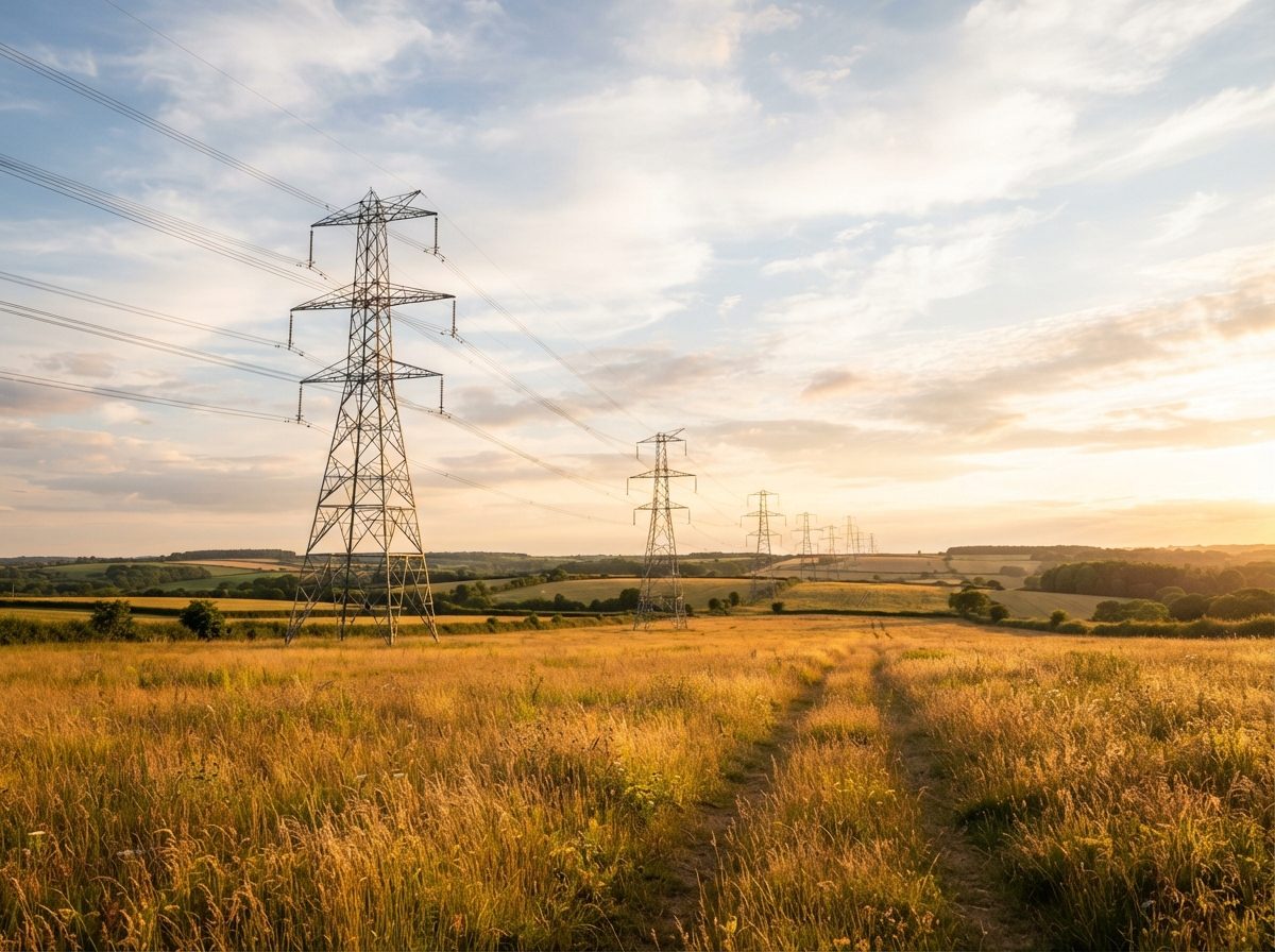 Steel electrical transmission towers crossing an open field under bright daylight.