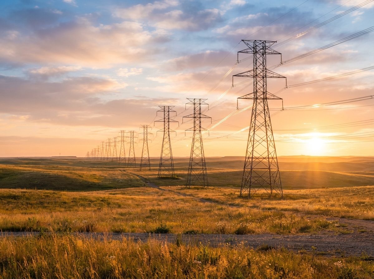 Electrical transmission towers carrying power lines across an open American prairie at sunrise.