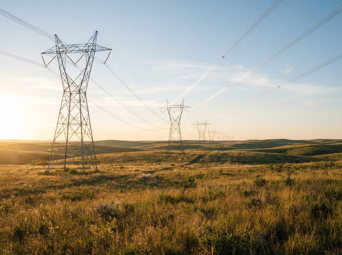 Steel electrical transmission towers stretching across an open plain at sunrise.