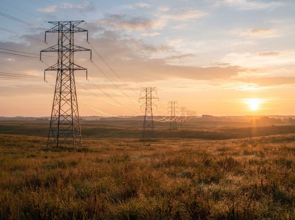 Steel electrical transmission towers carrying power lines across an open prairie at sunrise.