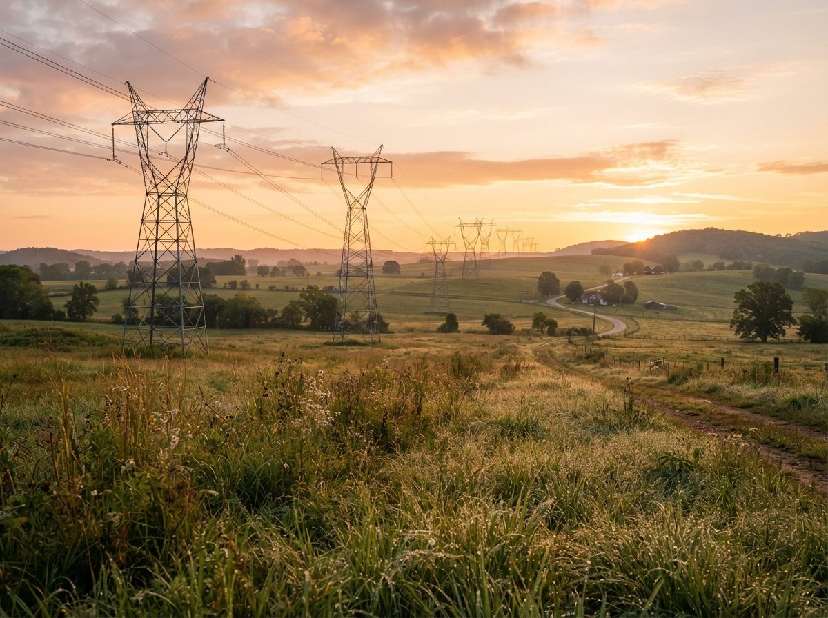 Electric transmission towers crossing a rural American landscape at sunrise.