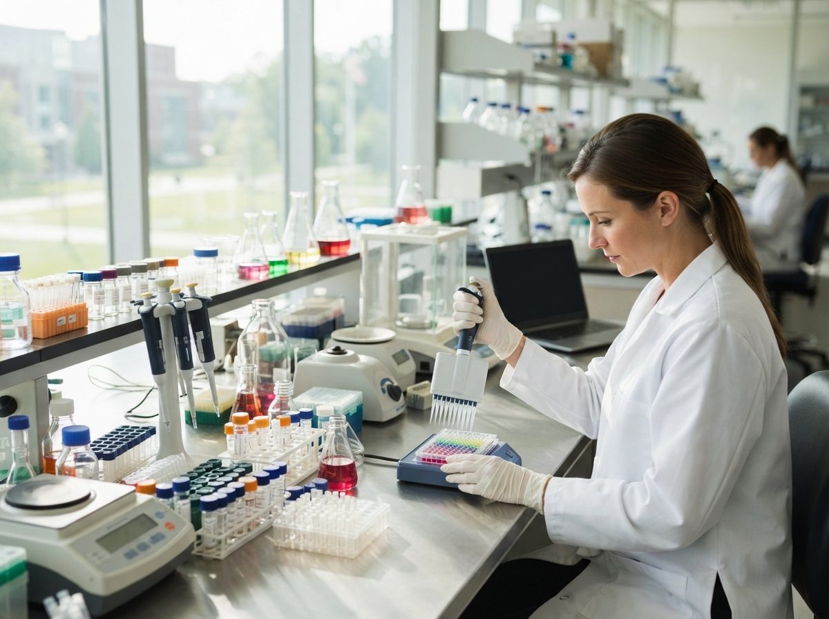 Bright laboratory bench with precision scientific instruments and glass vials illuminated by natural light.