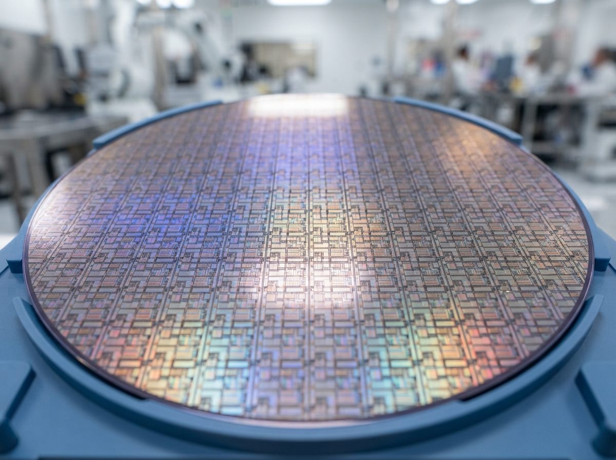 Macro view of a silicon wafer etched with microprocessor dies under bright cleanroom lighting.
