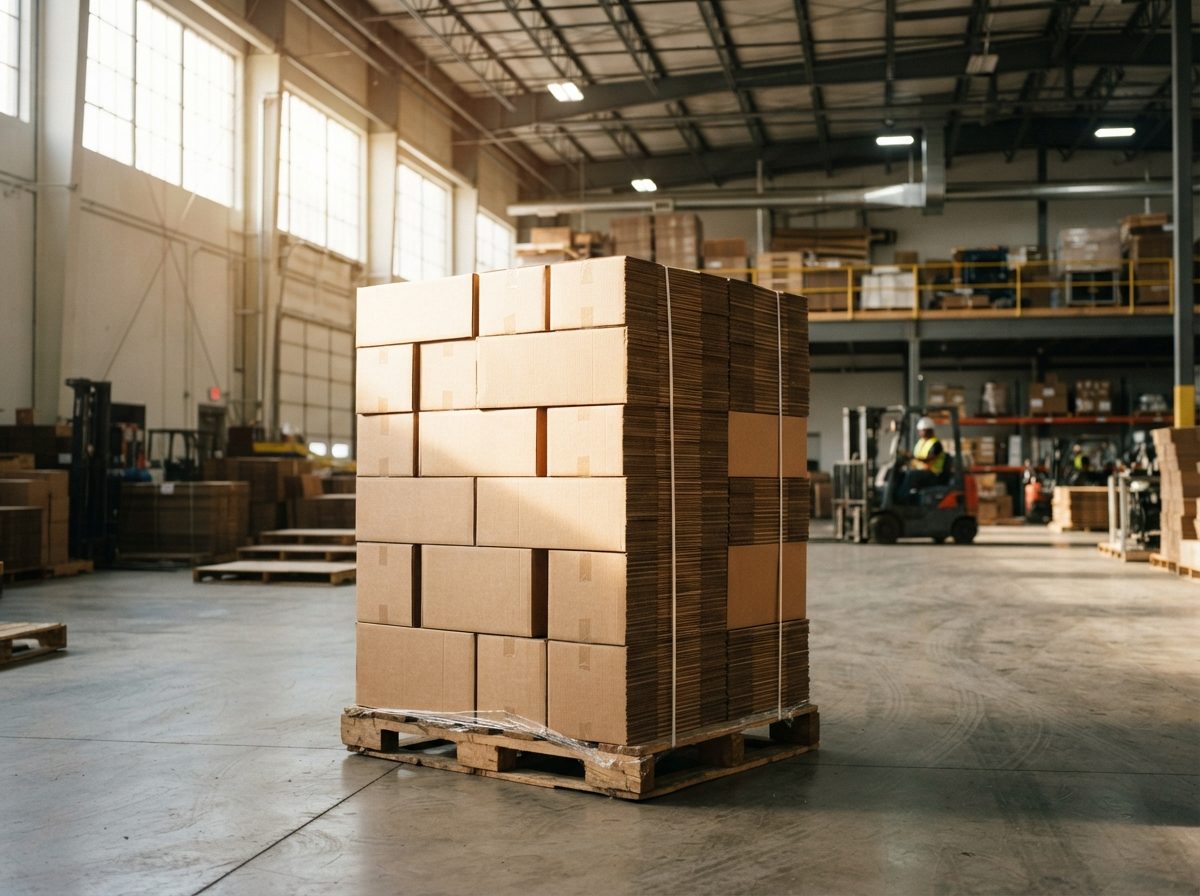 Stacks of corrugated cardboard boxes on pallets inside a bright packaging warehouse.