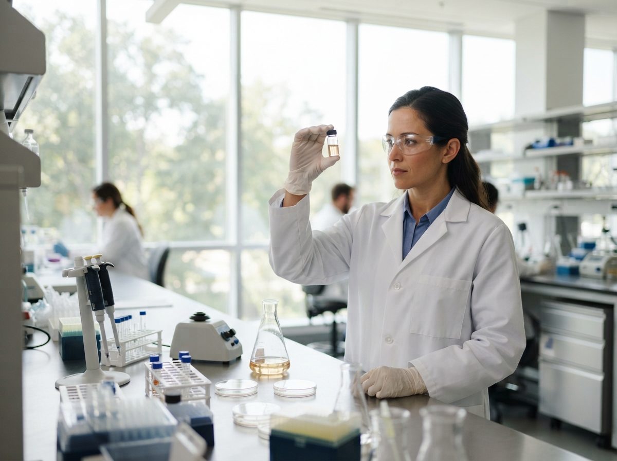 A scientist examines a vial of medicine in a bright pharmaceutical research laboratory.