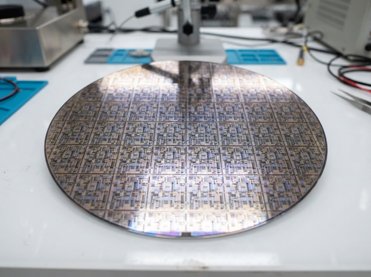 Close-up of a silicon semiconductor wafer with etched circuit patterns under bright lab lighting.