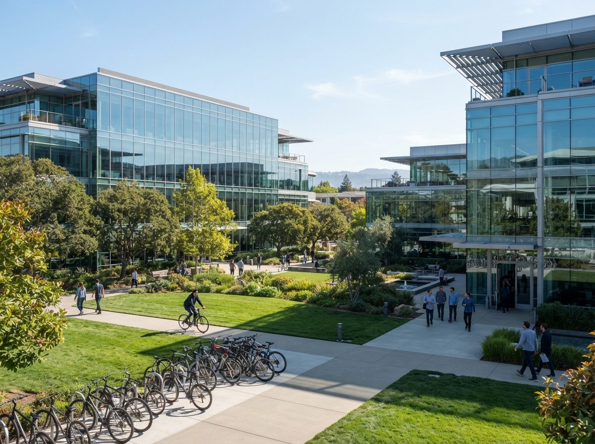 A modern glass-walled technology office campus under bright daylight in a California business park.