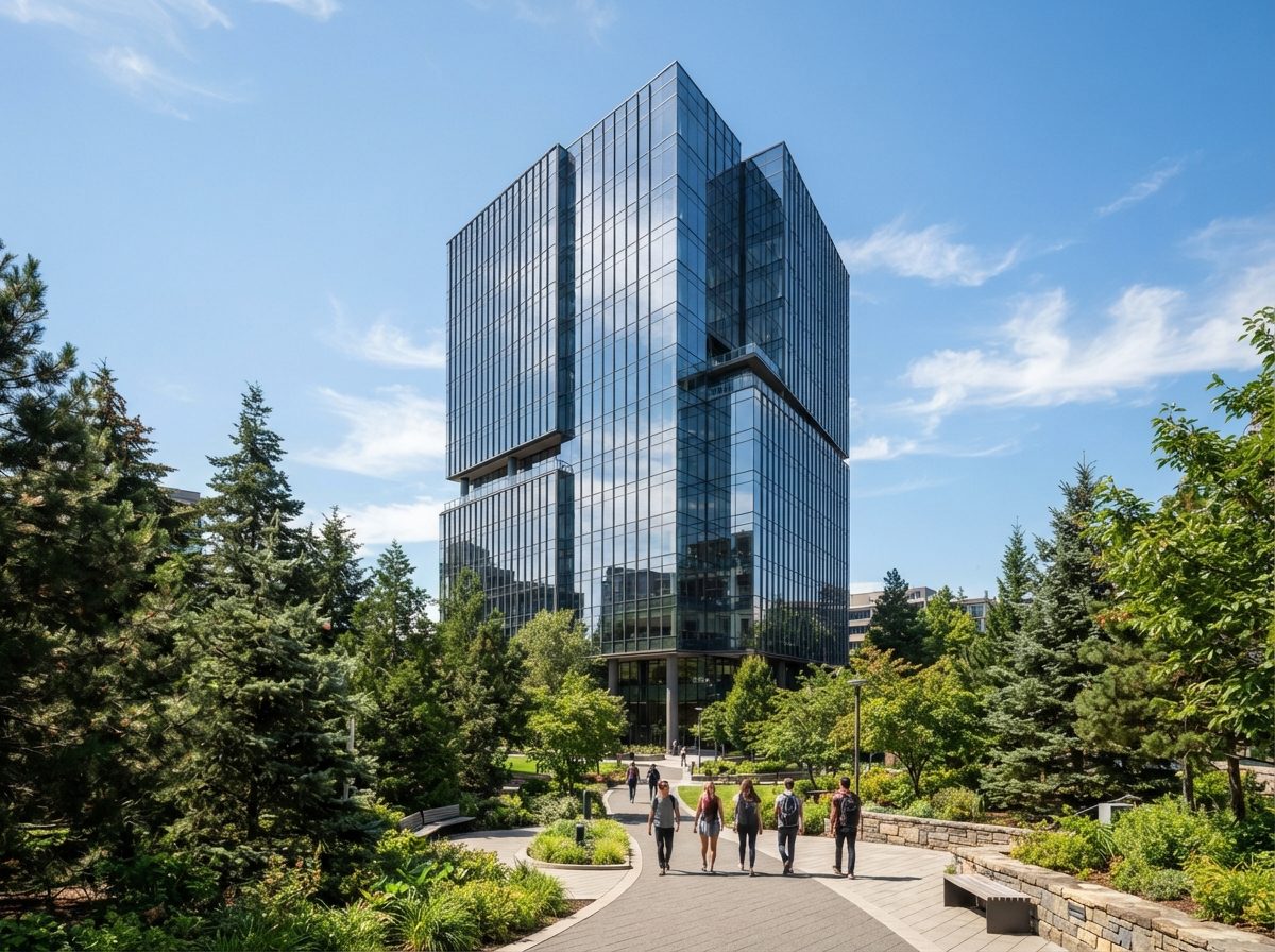 Modern glass office tower on a landscaped corporate campus under a bright blue sky.