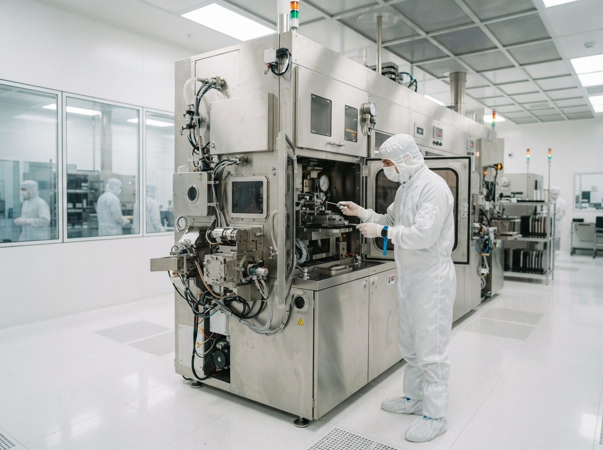 Technician in cleanroom attire inspecting semiconductor wafer fabrication equipment under bright lighting.