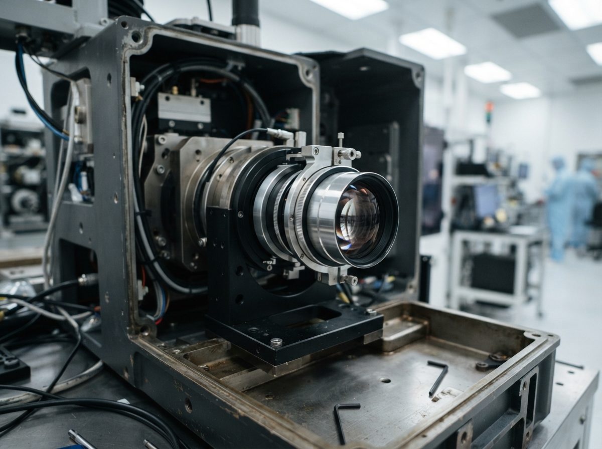 A technician in a cleanroom suit inspects a large semiconductor manufacturing tool under bright light.