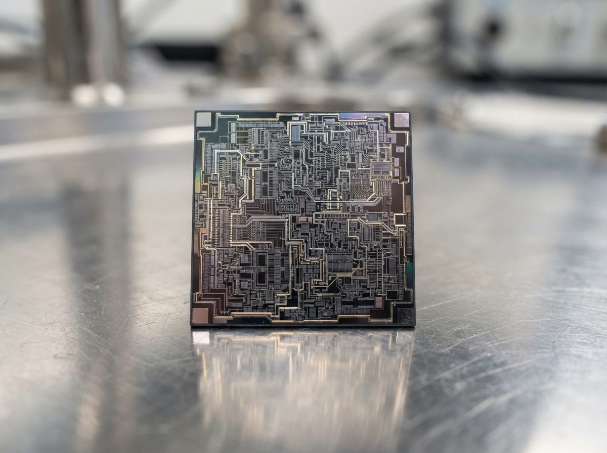 A silicon semiconductor chip with visible circuit patterns photographed in bright studio light.