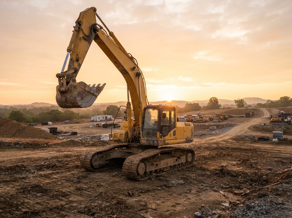 A large yellow excavator on a construction site at sunrise, representing heavy equipment manufacturing.