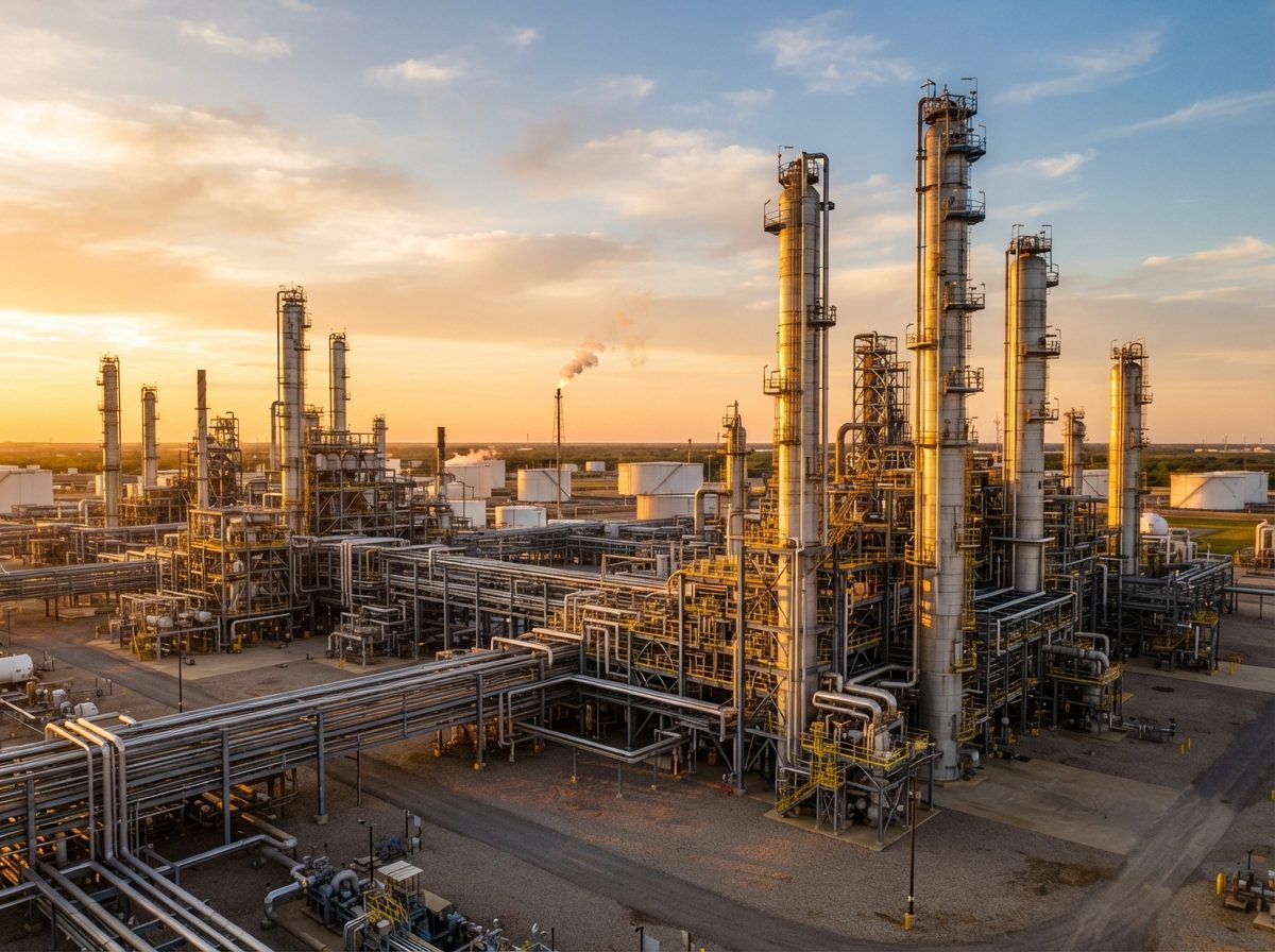 Industrial oil refinery with pipelines and towers under bright daylight sky.