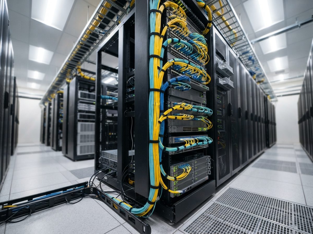 Networking equipment racks with organized cables in a bright modern data center.