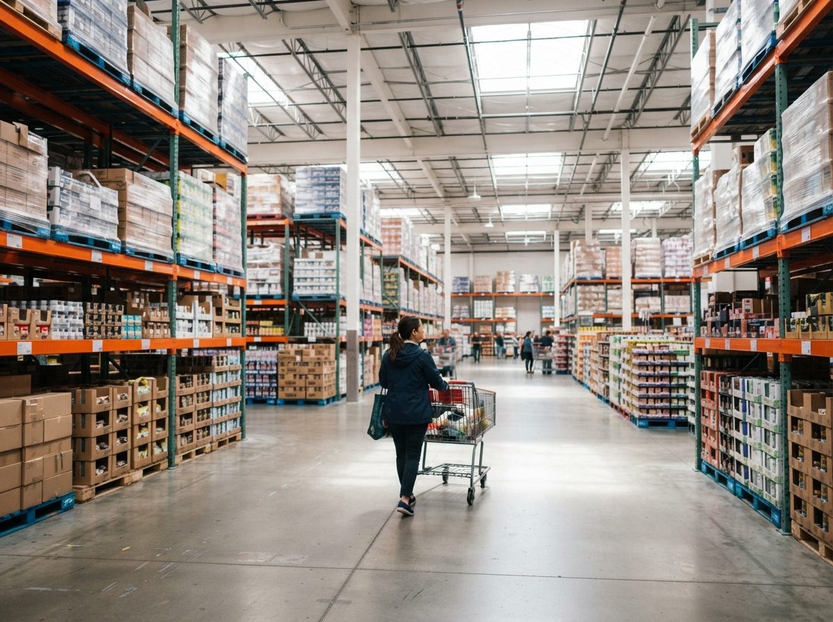 Bright warehouse-club retail interior with tall shelving stocked with bulk goods under skylights.