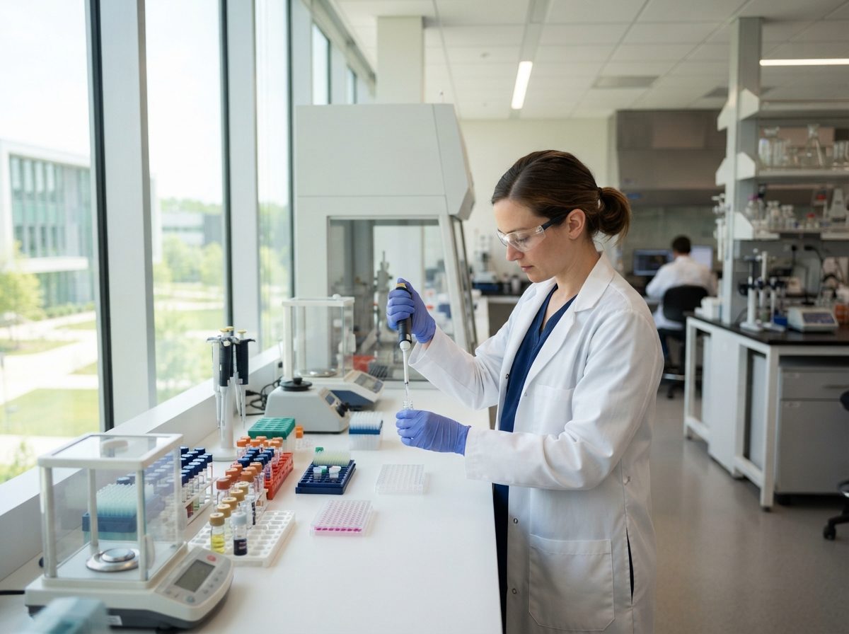 A modern pharmaceutical laboratory with glass vials and scientific instruments under bright natural light.