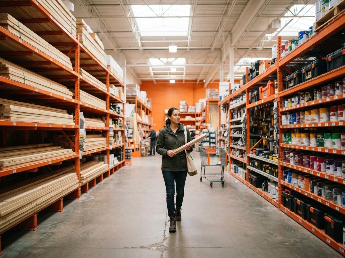 Sunlit warehouse-style retail aisle stocked with building materials and tools.