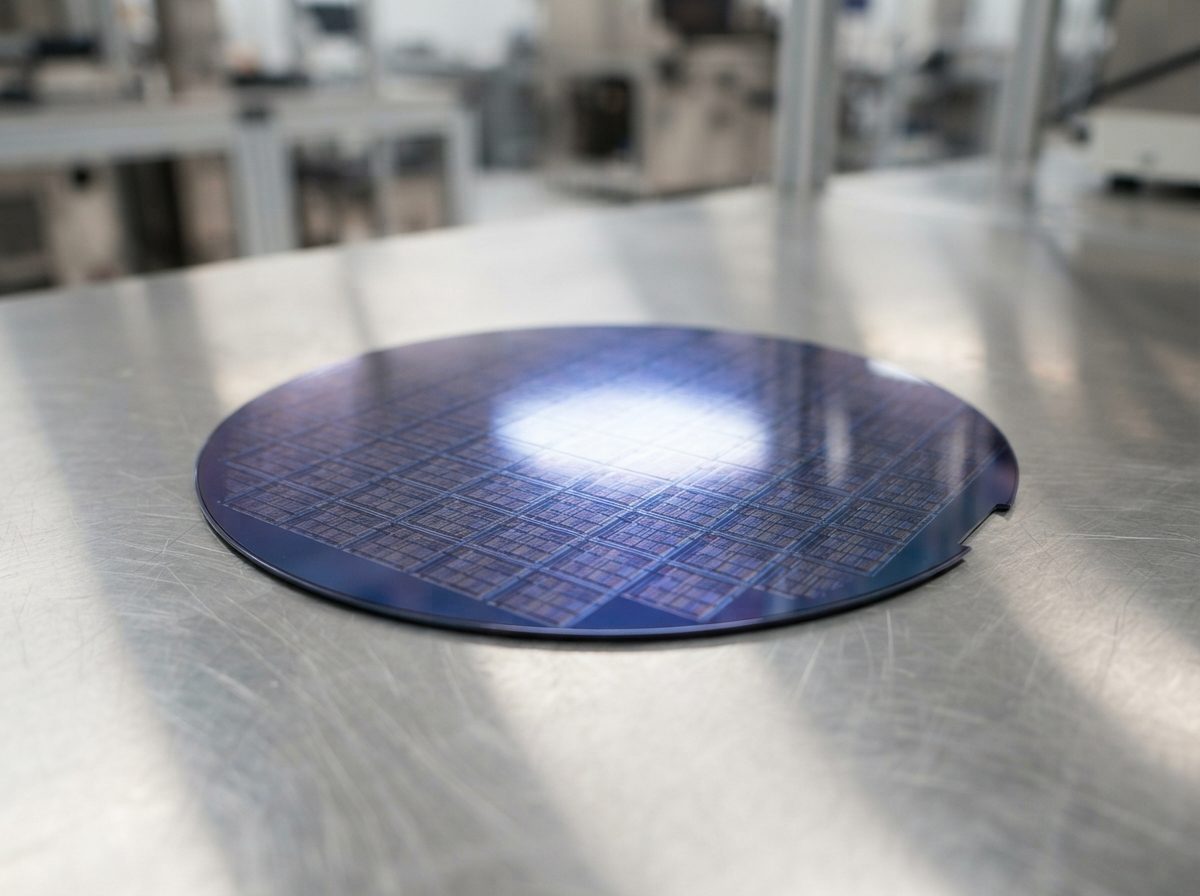 A silicon wafer reflecting bright light on a cleanroom table, representing semiconductor manufacturing.