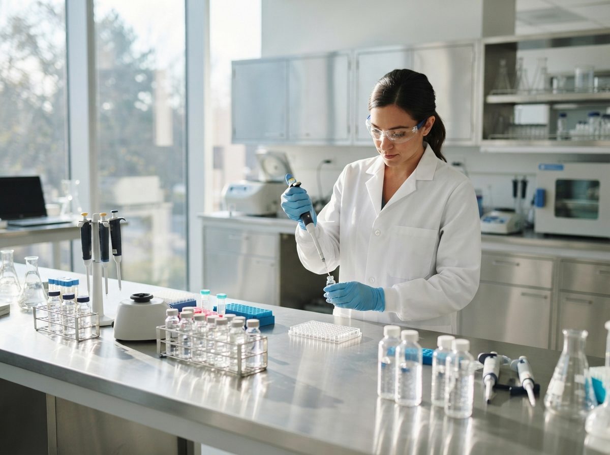 A modern pharmaceutical laboratory bathed in natural light with glass vials arranged on a stainless steel counter.