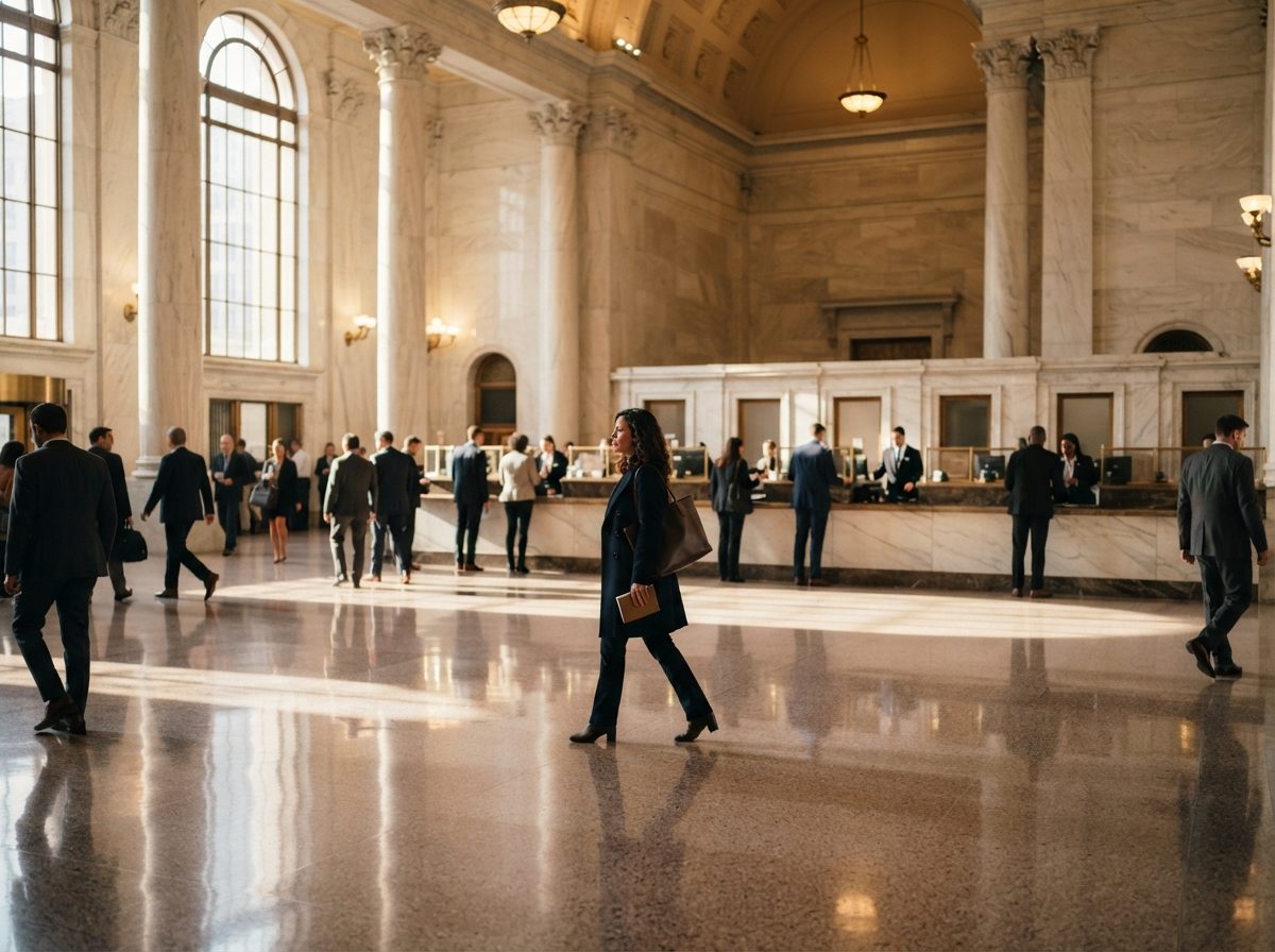 A bright marble bank lobby with columns and teller counters representing American financial services.