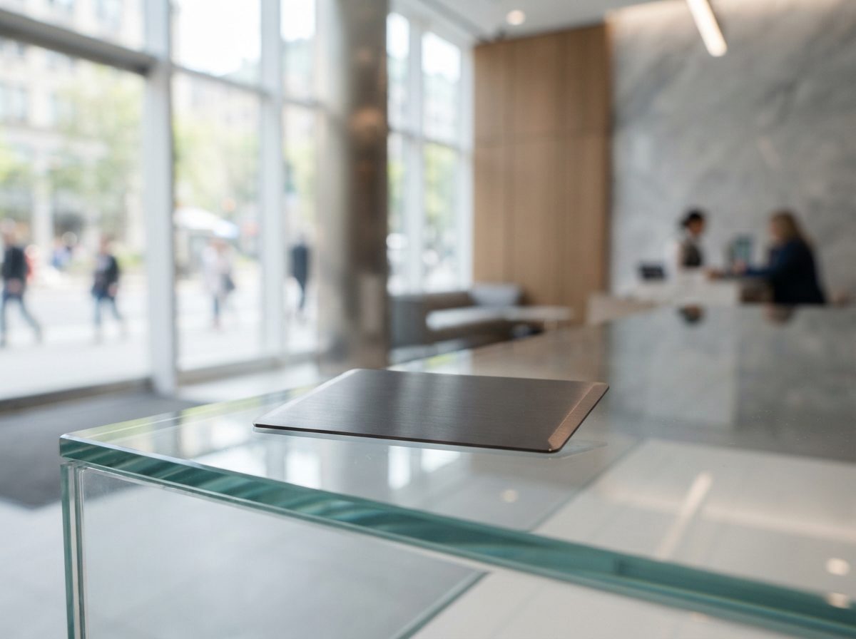 A metallic payment card resting on a glass counter inside a bright modern bank branch.