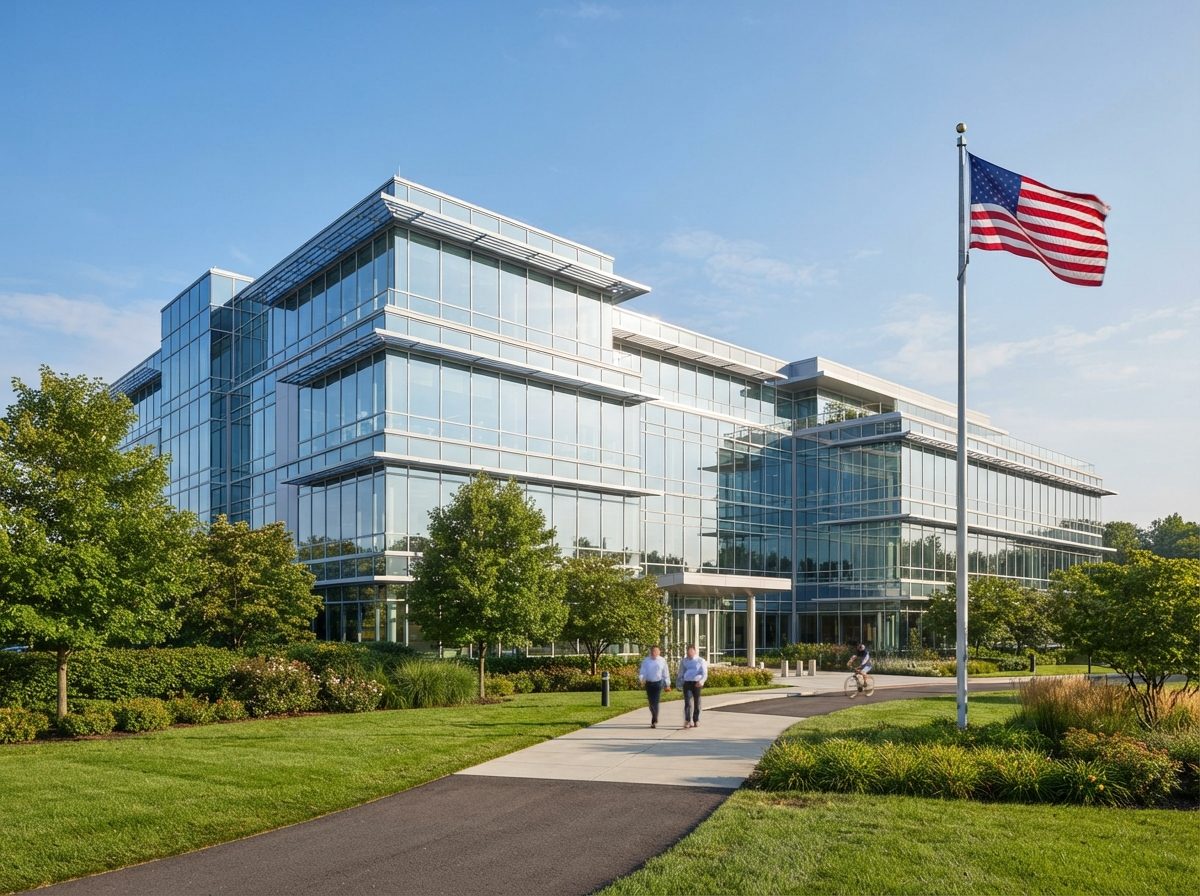 Exterior of a modern pharmaceutical research campus building under bright daylight.