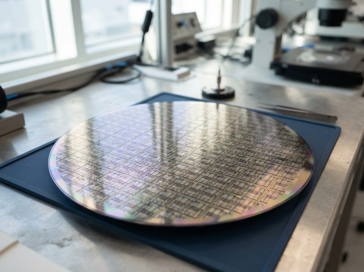 A close-up of a silicon memory chip catching bright light on a clean workbench.