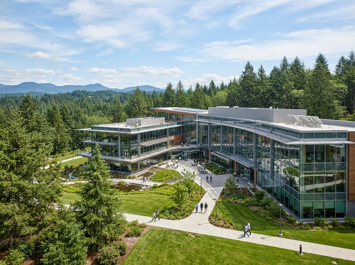 Modern glass office campus building surrounded by evergreen trees under a bright sky, representing a major American software company headquarters.