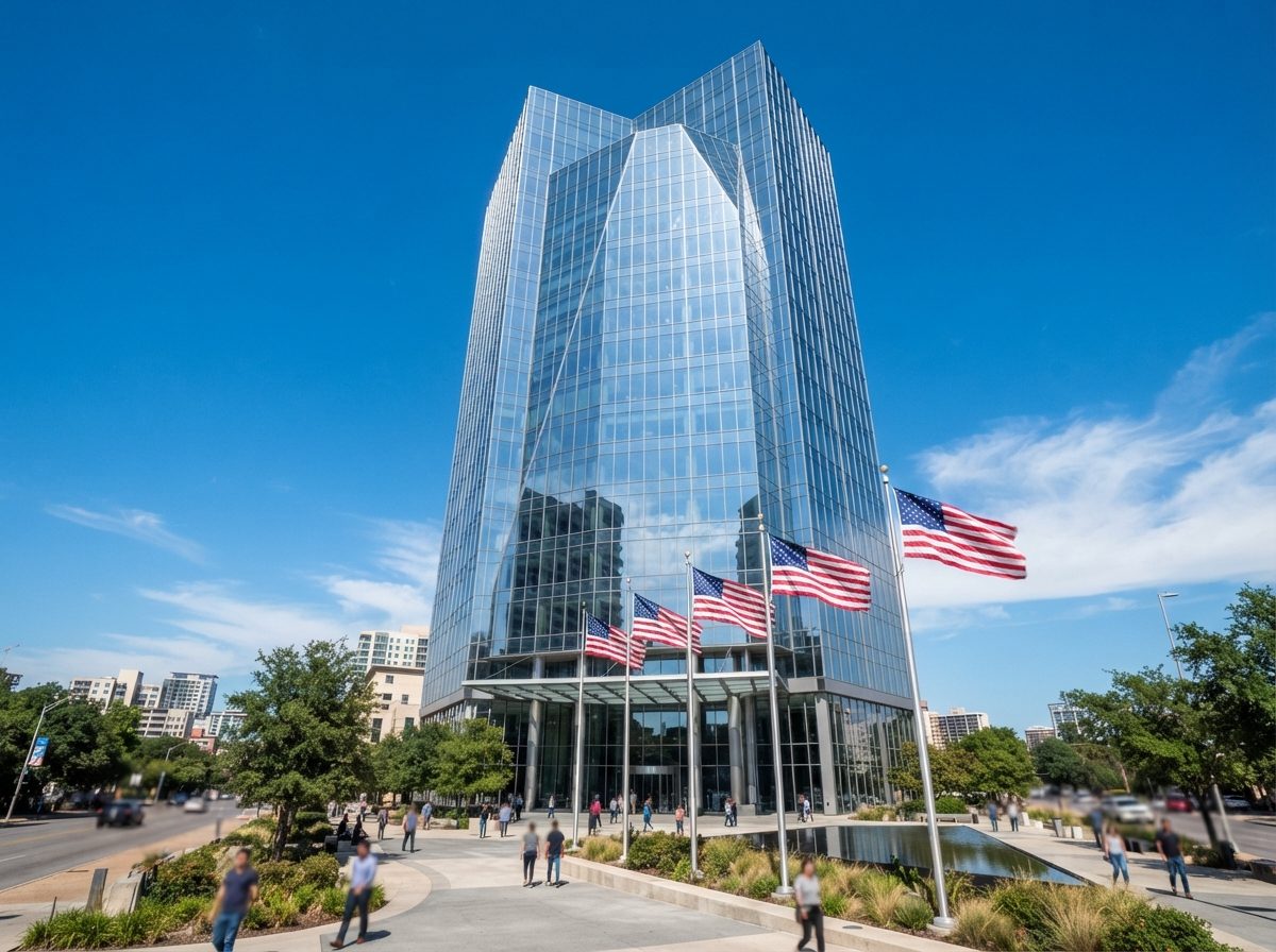 A modern corporate office tower in Texas under bright sunshine with American flags near the entrance.