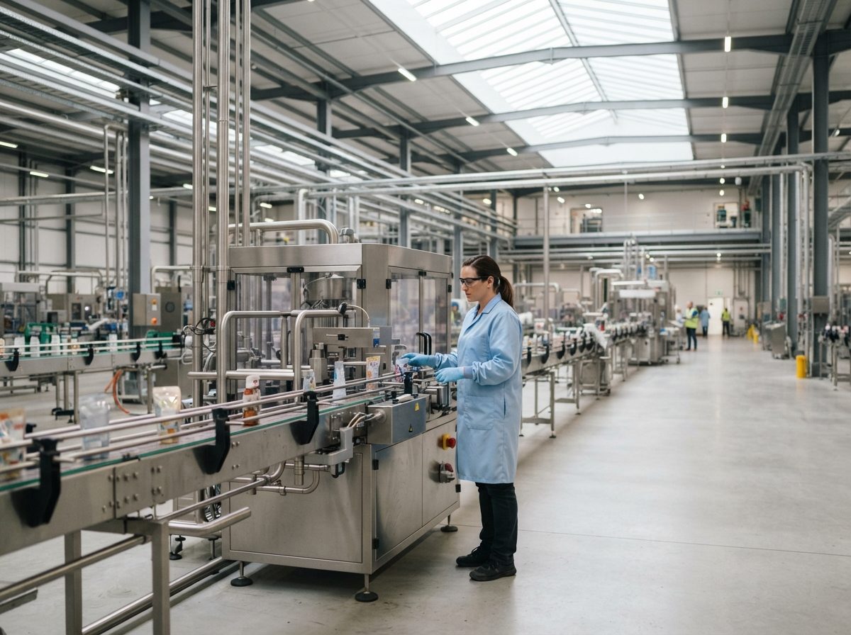 Bright modern manufacturing facility representing a large American consumer goods company.
