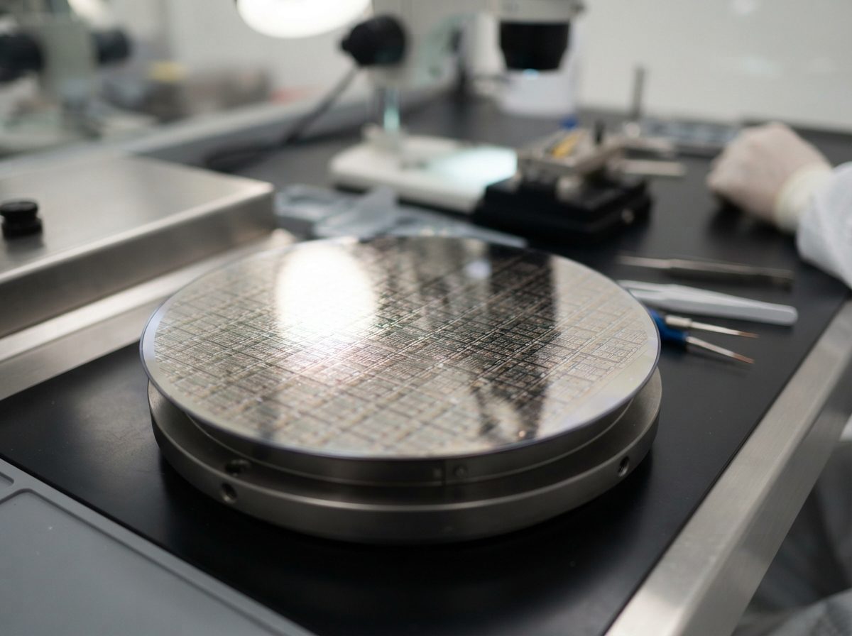 A silicon semiconductor wafer reflecting bright light on a clean industrial surface.