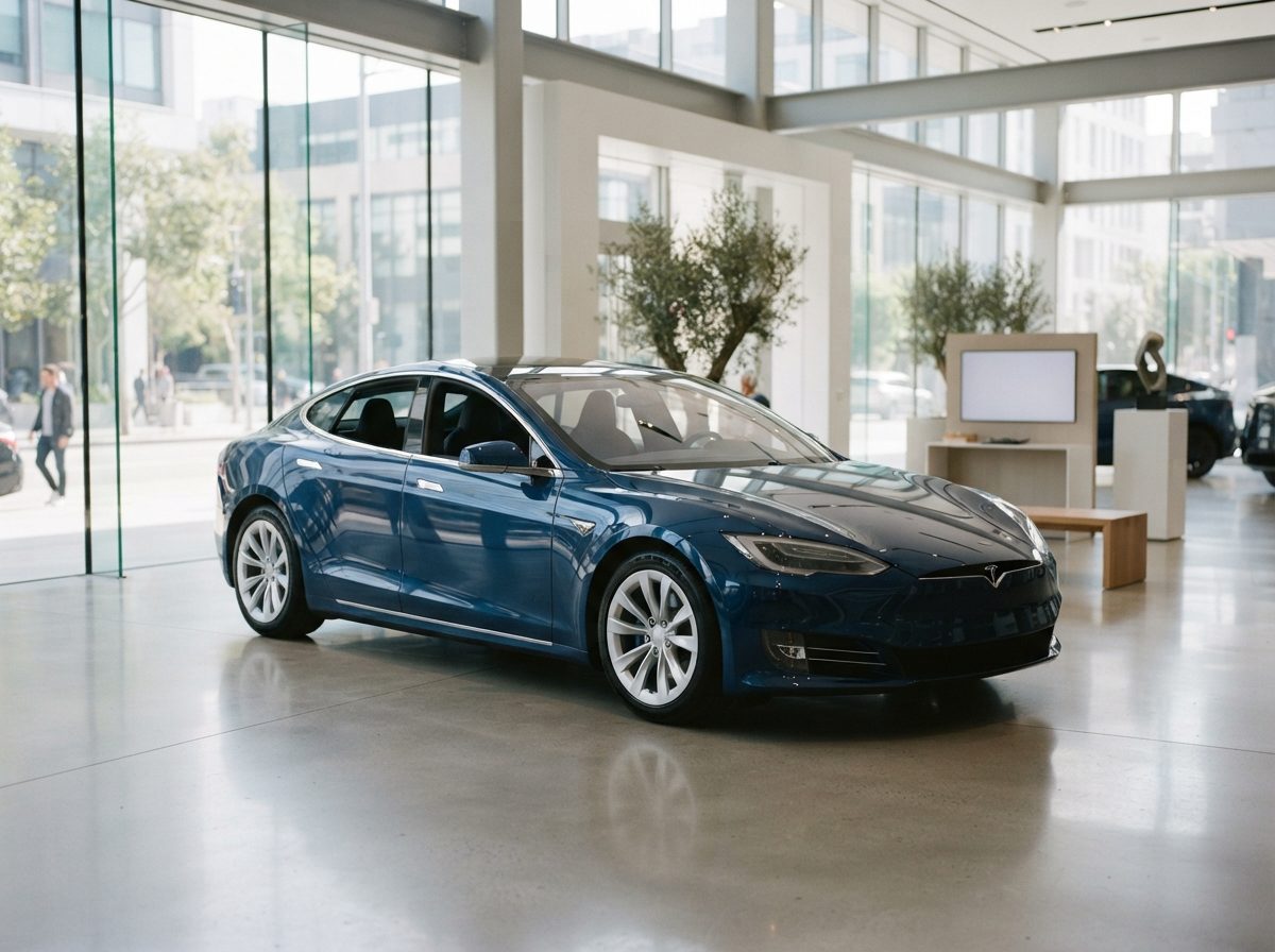 A modern electric sedan displayed in a bright, glass-walled automotive showroom.