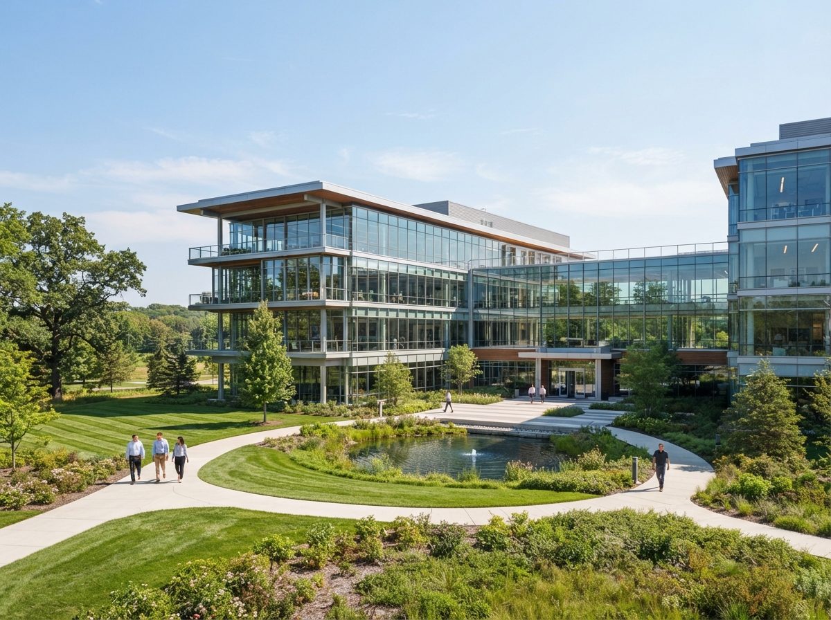 Modern corporate office campus with glass windows and landscaped grounds under a clear sky.