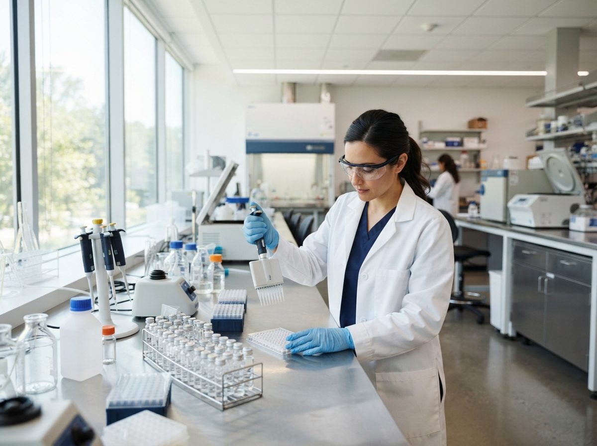 Bright pharmaceutical laboratory with glass vials and steel equipment representing healthcare innovation