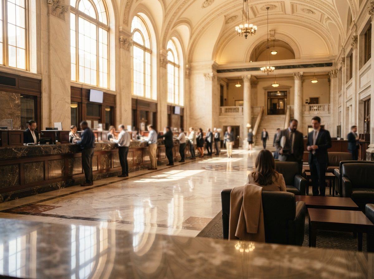 Sunlit marble lobby of a major bank branch with teller counters and clients