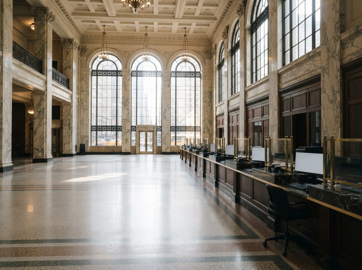 A sunlit marble bank lobby with polished counters and tall windows, evoking a major American financial institution.
