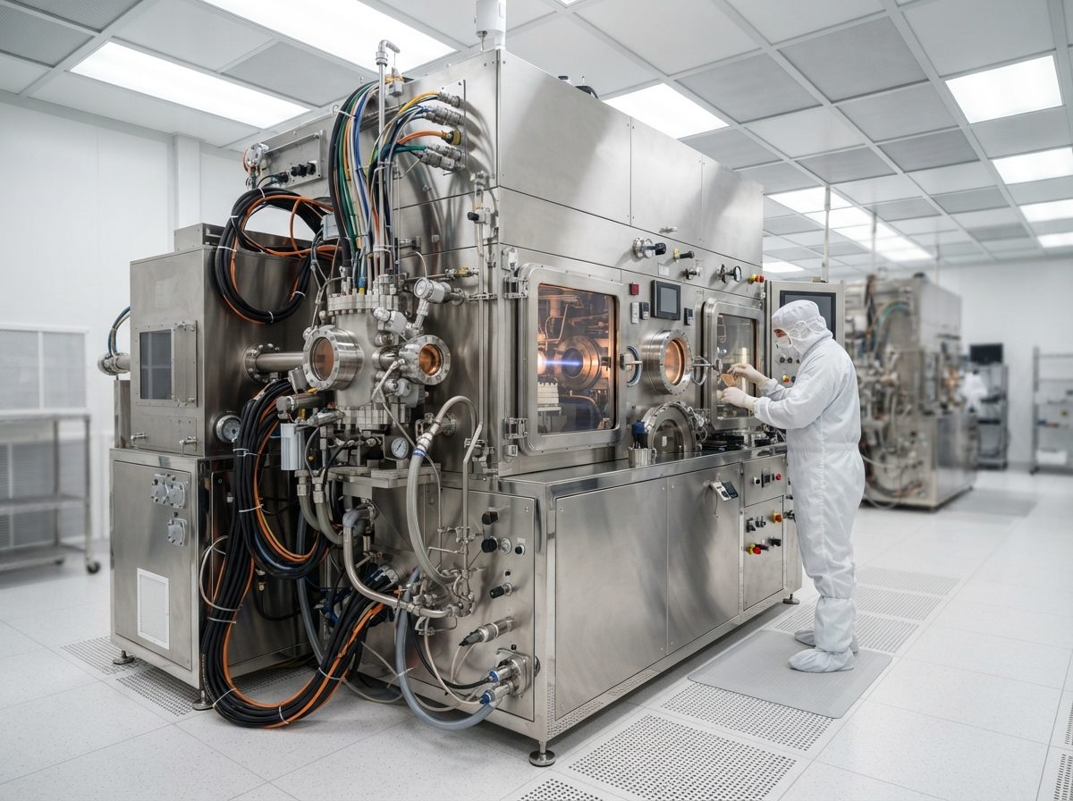 A polished semiconductor etching machine inside a brightly lit cleanroom used to manufacture computer chips.