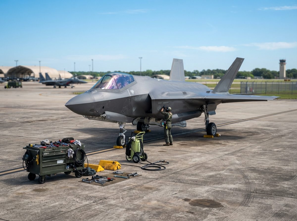 A gray military fighter jet on a sunlit airfield tarmac with ground crew equipment nearby.