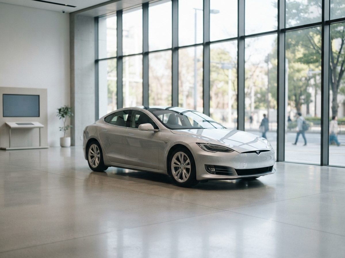 A sleek electric luxury sedan displayed in a bright, modern showroom.
